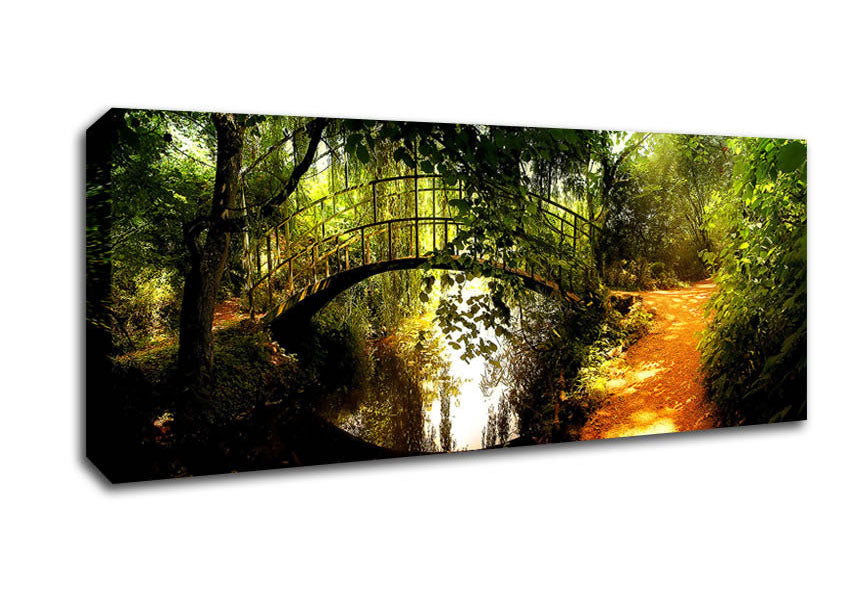 Canvas art featuring an arched bridge reflection, mounted on a box frame, ready to hang.