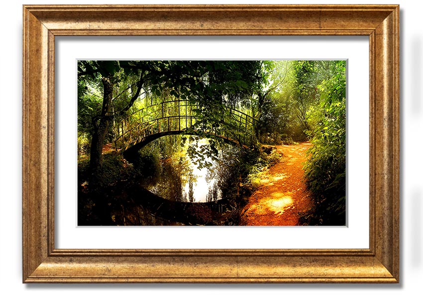 Framed print of an arched bridge reflecting in water, showcasing serene colors and intricate details.