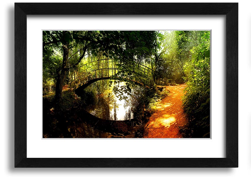 Framed print of an arched bridge reflecting in water, showcasing serene colors and intricate details.