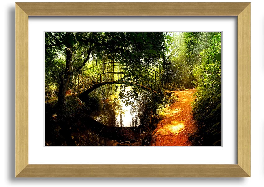 Framed print of an arched bridge reflecting in water, showcasing serene colors and intricate details.