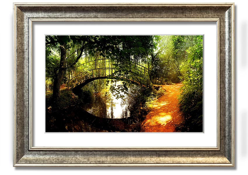 Framed print of an arched bridge reflecting in water, showcasing serene colors and intricate details.