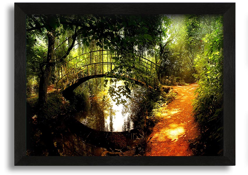 Framed print of an arched bridge reflecting in water, showcasing serene colors and intricate details.