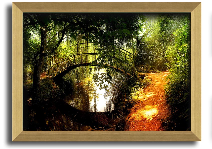 Framed print of an arched bridge reflecting in water, showcasing serene colors and intricate details.