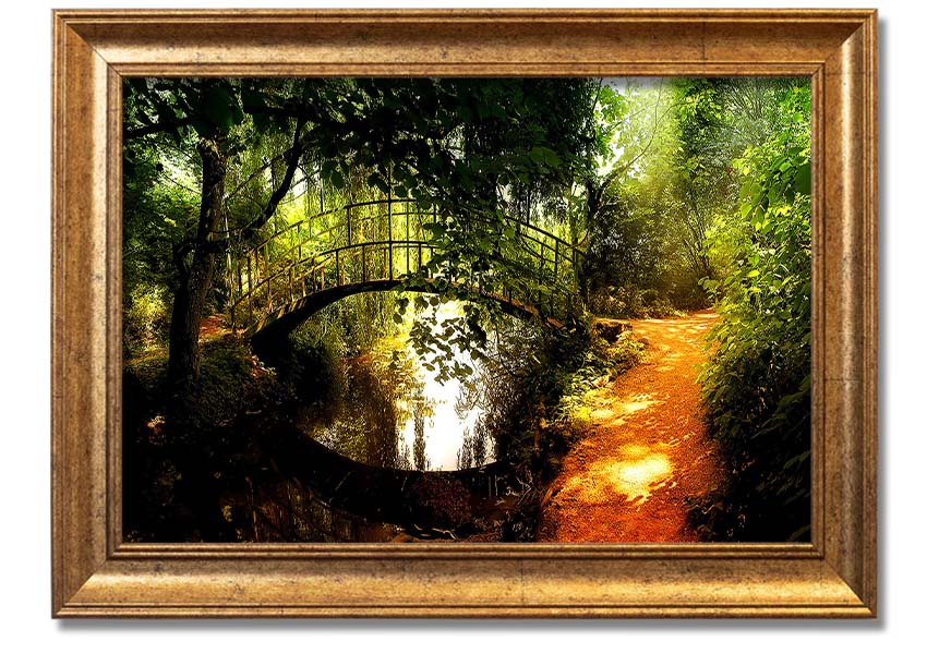 Framed print of an arched bridge reflecting in water, showcasing serene colors and intricate details.