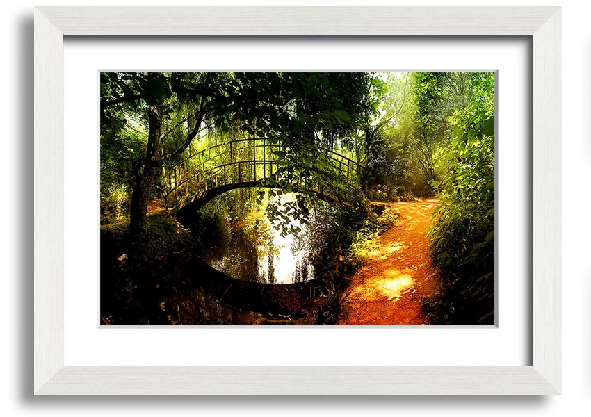 Framed print of an arched bridge reflecting in water, showcasing serene colors and intricate details.