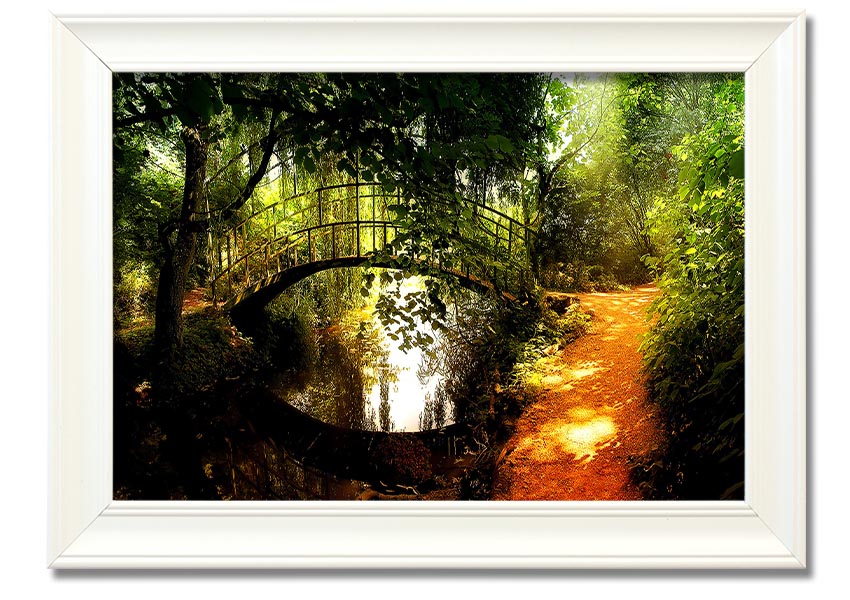 Framed print of an arched bridge reflecting in water, showcasing serene colors and intricate details.