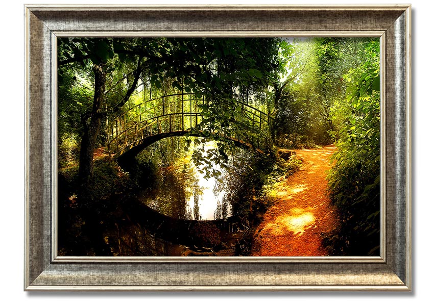 Framed print of an arched bridge reflecting in water, showcasing serene colors and intricate details.