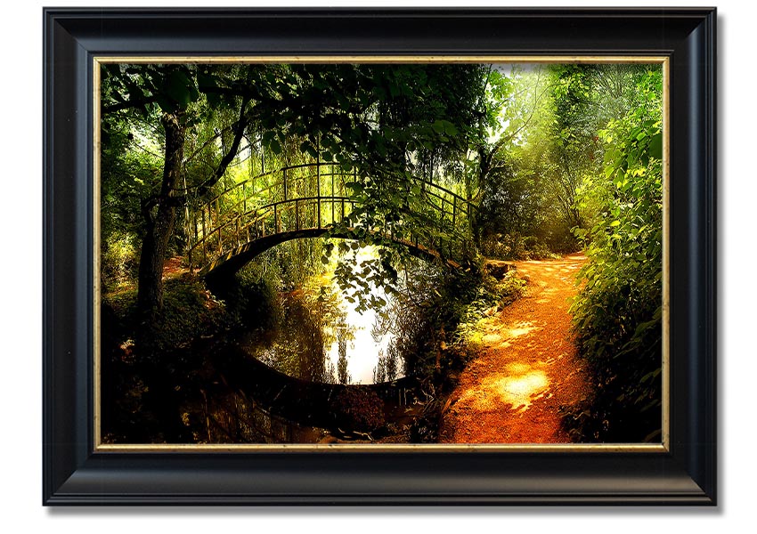 Framed print of an arched bridge reflecting in water, showcasing serene colors and intricate details.