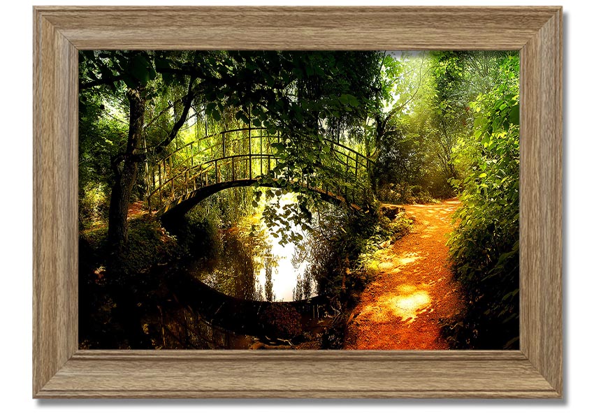 Framed print of an arched bridge reflecting in water, showcasing serene colors and intricate details.