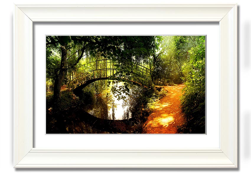 Framed print of an arched bridge reflecting in water, showcasing serene colors and intricate details.