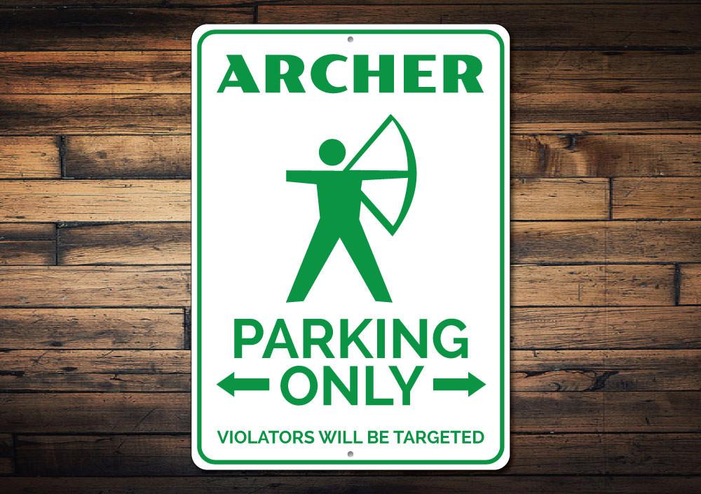 Archer Parking Sign made of durable aluminum, featuring customizable text and pre-drilled holes for easy mounting.