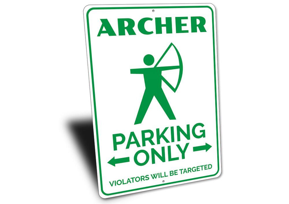 Archer Parking Sign made of durable aluminum, featuring customizable text and pre-drilled holes for easy mounting.