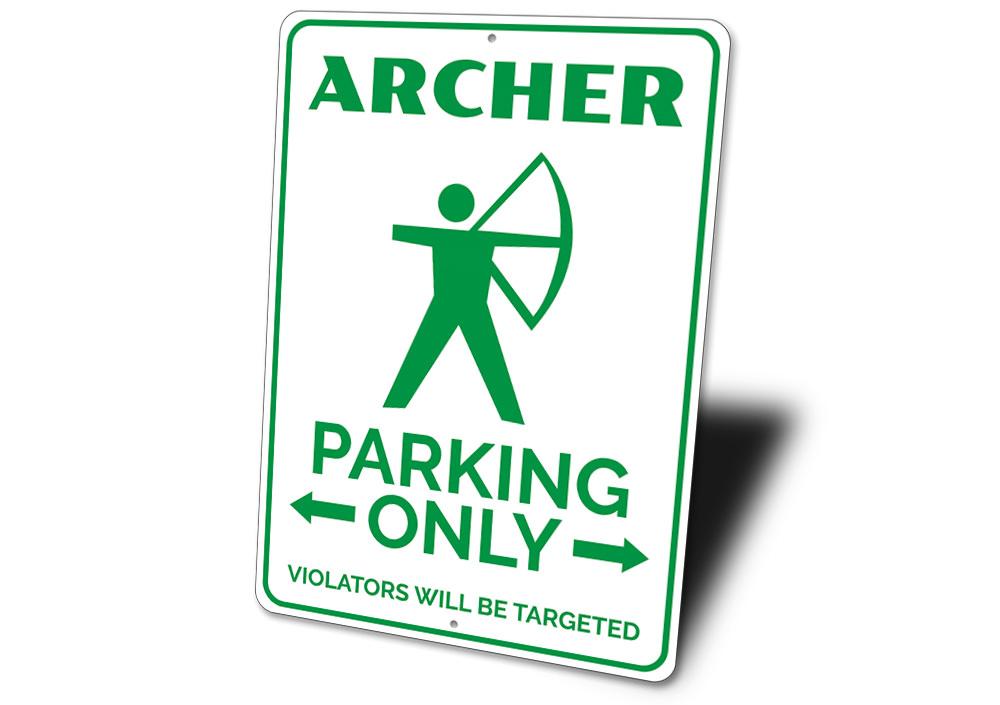 Archer Parking Sign made of durable aluminum, featuring customizable text and pre-drilled holes for easy mounting.