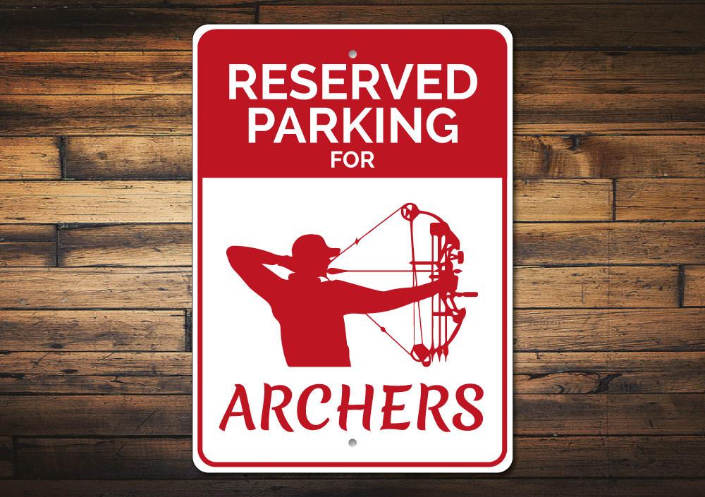 Archer Parking Sign made of durable aluminum, featuring customizable text and pre-drilled holes for easy installation, showcasing a stylish design.