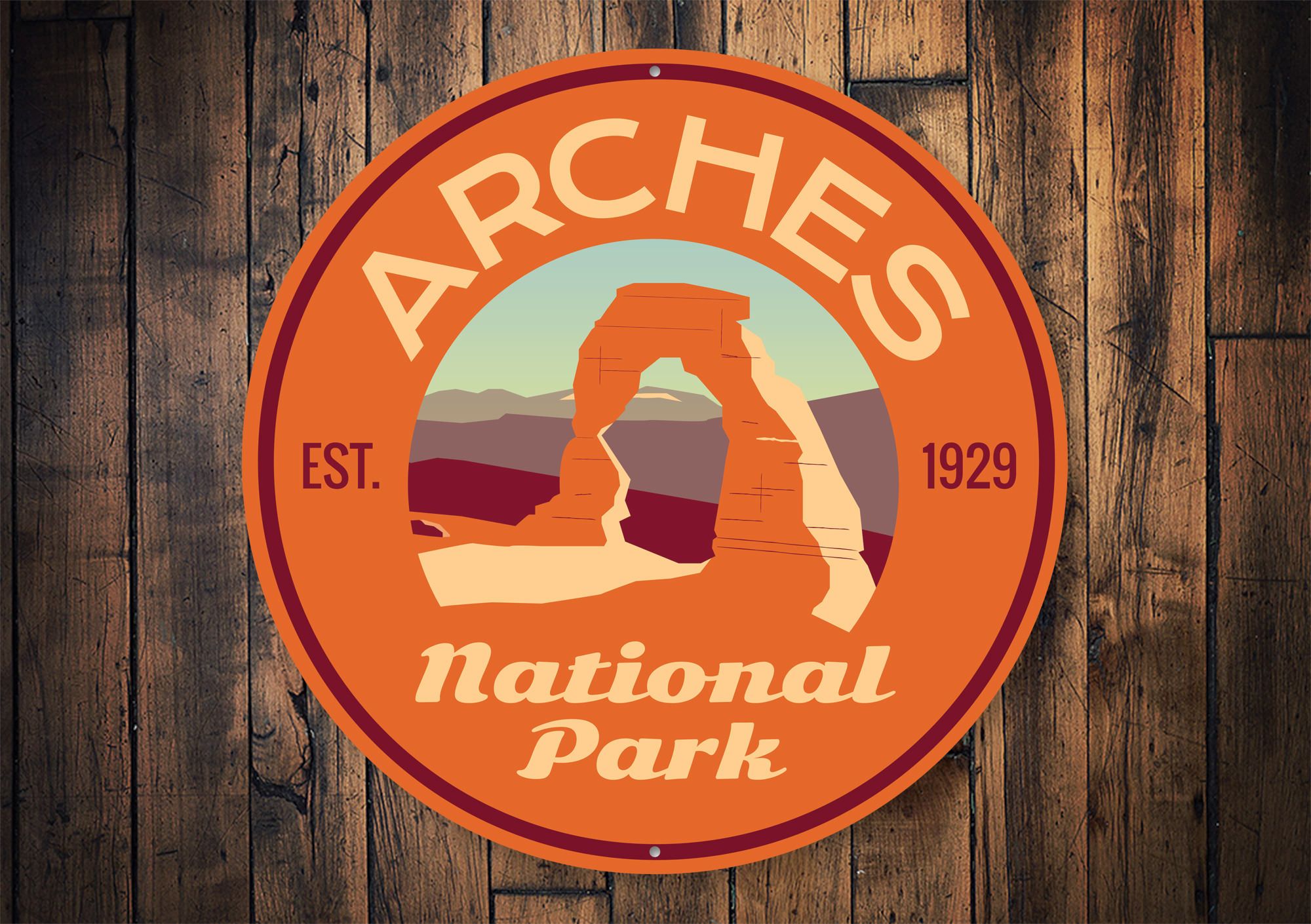 Arches Park Sign made of high-quality aluminum, featuring customizable text and pre-drilled holes for easy mounting.