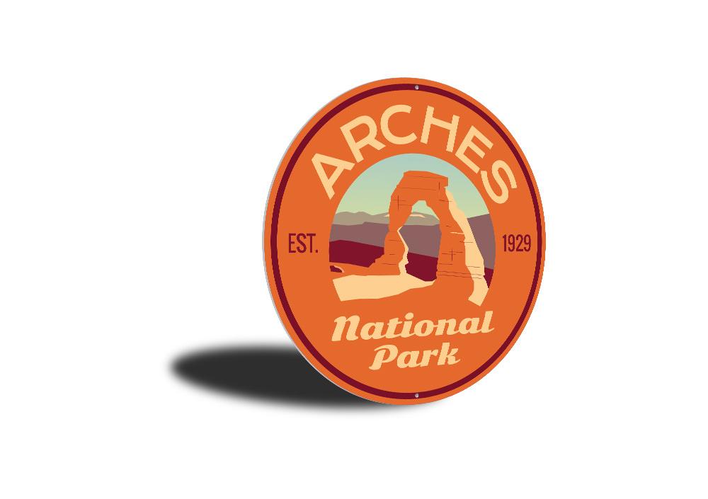 Arches Park Sign made of high-quality aluminum, featuring customizable text and pre-drilled holes for easy mounting.