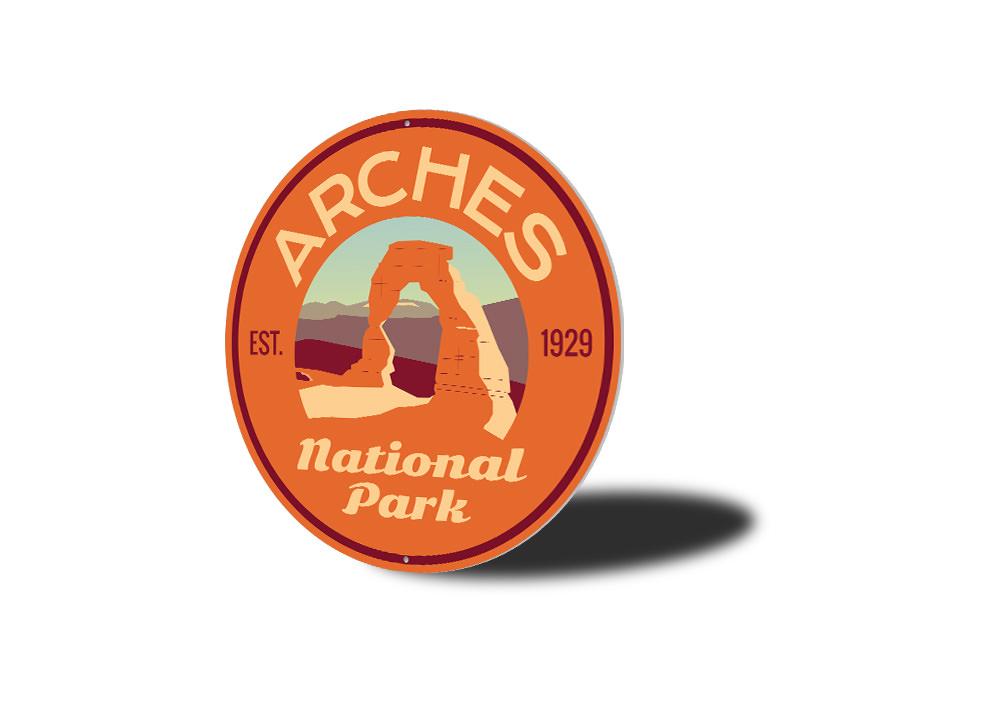 Arches Park Sign made of high-quality aluminum, featuring customizable text and pre-drilled holes for easy mounting.