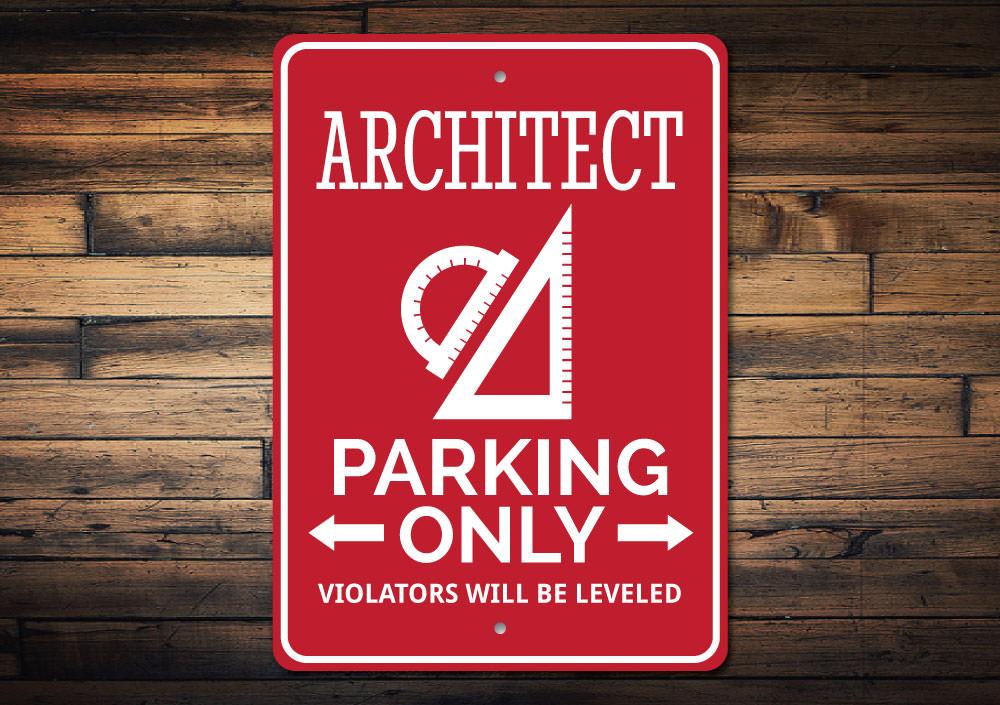 Architect Parking Sign made of durable aluminum, featuring customizable text and unique designs for various vehicles.