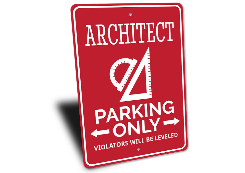 Architect Parking Sign made of durable aluminum, featuring customizable text and unique designs for various vehicles.