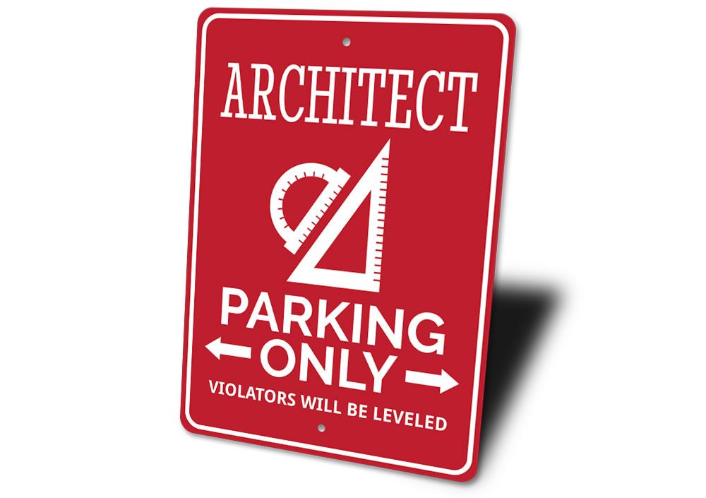 Architect Parking Sign made of durable aluminum, featuring customizable text and unique designs for various vehicles.