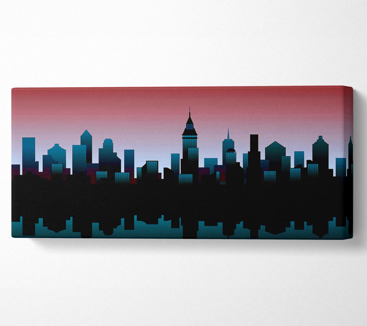 Architects New City Reflections canvas art mounted on a 44mm box frame, showcasing a vibrant urban landscape.