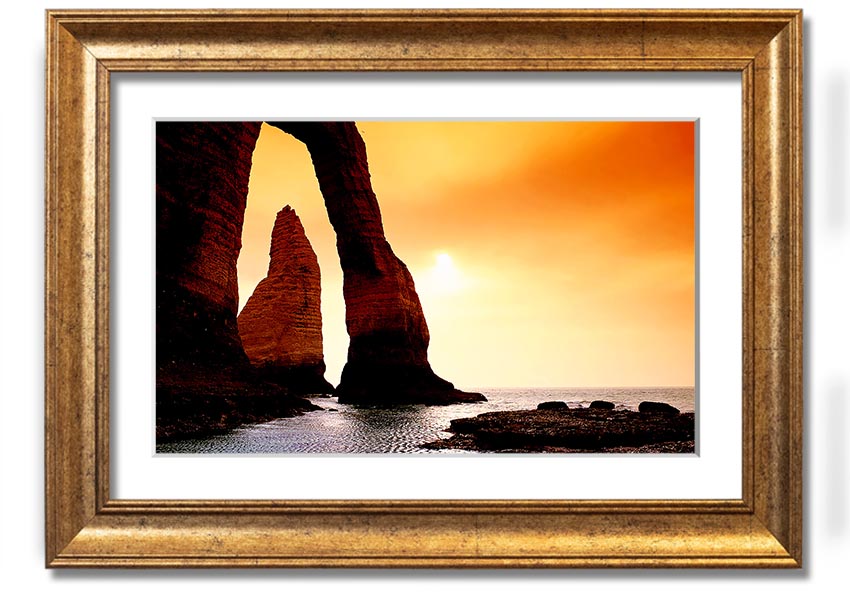 A beautifully framed print of an ocean landscape, showcasing serene blue waters and a calming atmosphere, available in various frame colors.