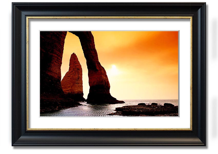 A beautifully framed print of an ocean landscape, showcasing serene blue waters and a calming atmosphere, available in various frame colors.