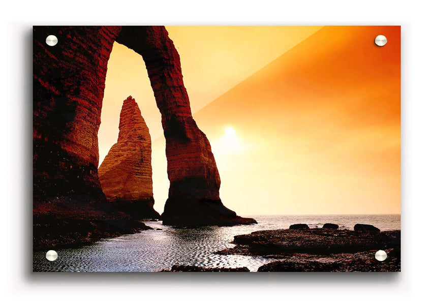 A vibrant acrylic print of an ocean scene, showcasing waves and a serene blue sky, mounted on a wall.