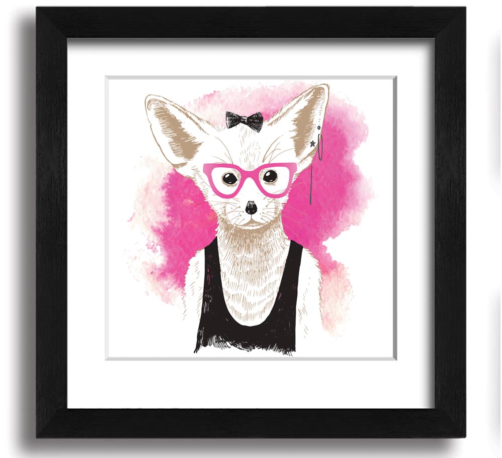 Arctic Fox Bow Pink Glasses square framed print, showcasing a whimsical design with pink hues and a bow, ready to hang.