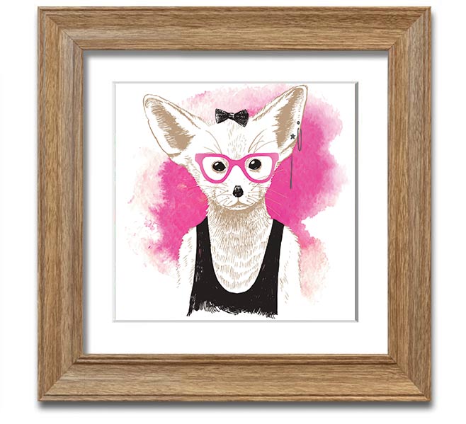 Arctic Fox Bow Pink Glasses square framed print, showcasing a whimsical design with pink hues and a bow, ready to hang.