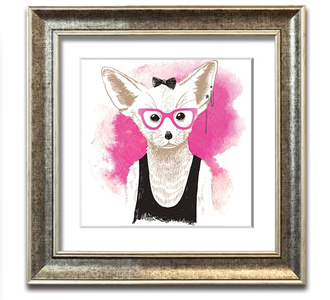 Arctic Fox Bow Pink Glasses square framed print, showcasing a whimsical design with pink hues and a bow, ready to hang.