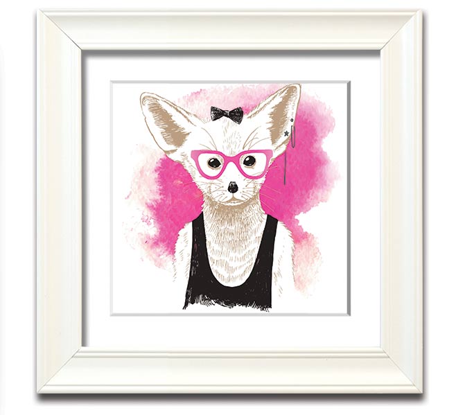 Arctic Fox Bow Pink Glasses square framed print, showcasing a whimsical design with pink hues and a bow, ready to hang.