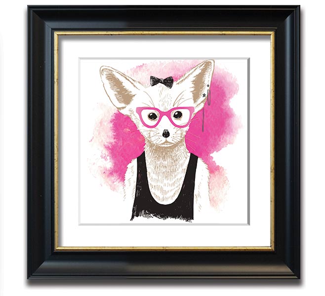 Arctic Fox Bow Pink Glasses square framed print, showcasing a whimsical design with pink hues and a bow, ready to hang.