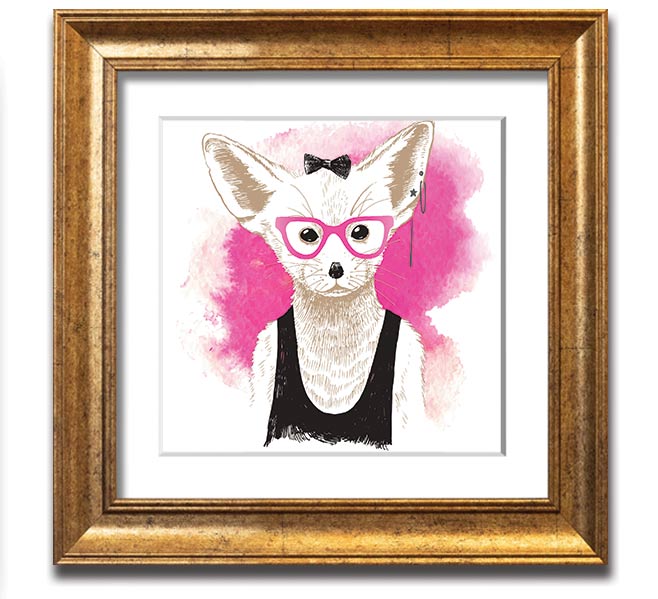 Arctic Fox Bow Pink Glasses square framed print, showcasing a whimsical design with pink hues and a bow, ready to hang.