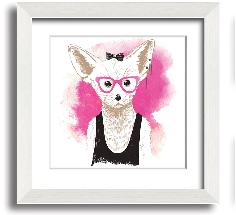 Arctic Fox Bow Pink Glasses square framed print, showcasing a whimsical design with pink hues and a bow, ready to hang.