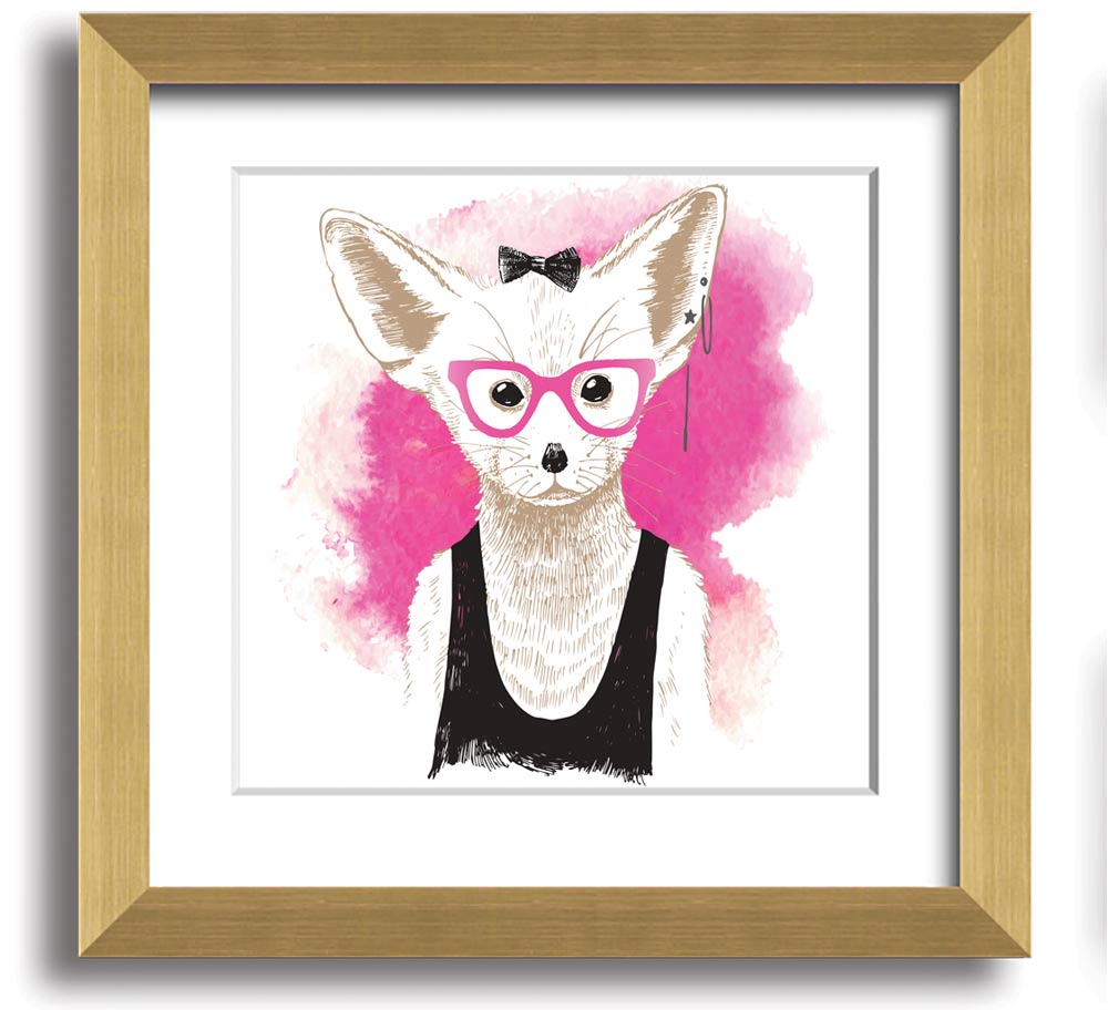 Arctic Fox Bow Pink Glasses square framed print, showcasing a whimsical design with pink hues and a bow, ready to hang.