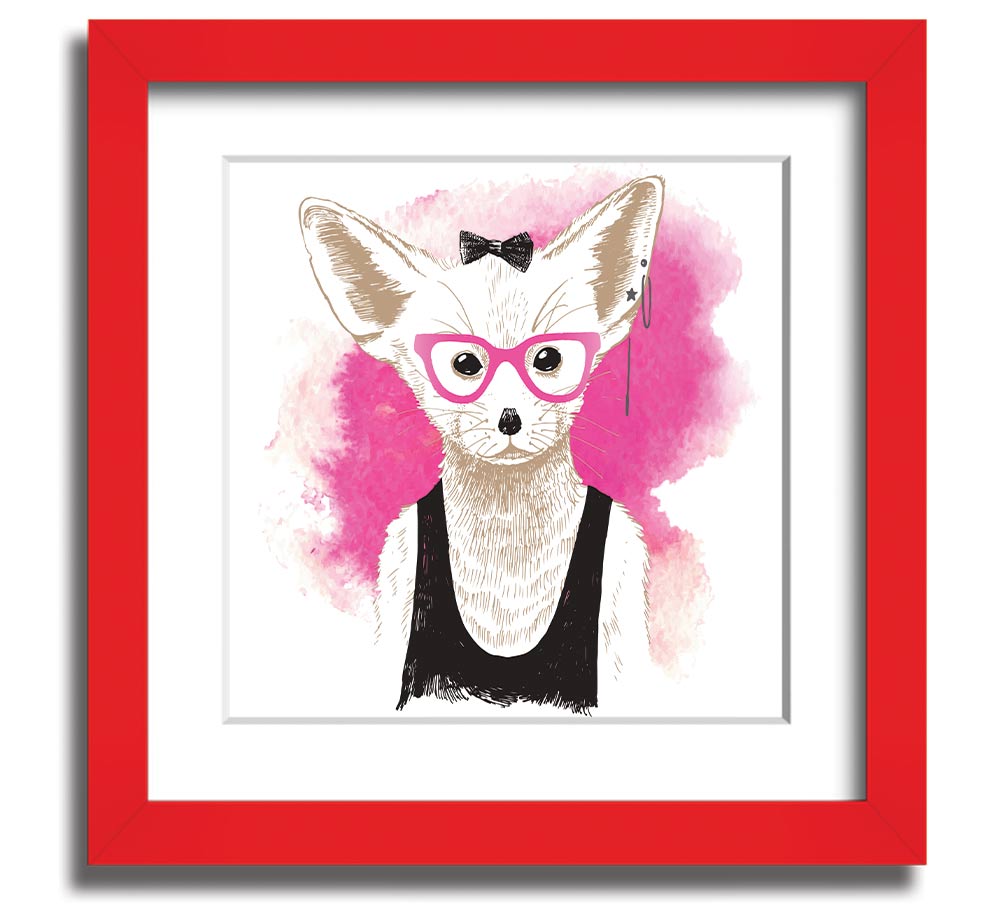 Arctic Fox Bow Pink Glasses square framed print, showcasing a whimsical design with pink hues and a bow, ready to hang.