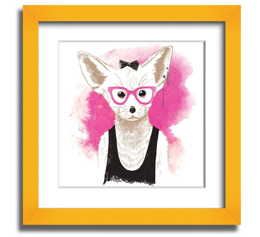 Arctic Fox Bow Pink Glasses square framed print, showcasing a whimsical design with pink hues and a bow, ready to hang.