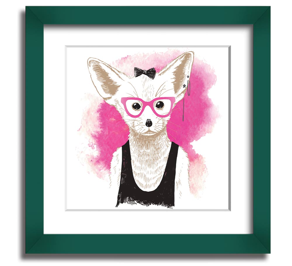 Arctic Fox Bow Pink Glasses square framed print, showcasing a whimsical design with pink hues and a bow, ready to hang.