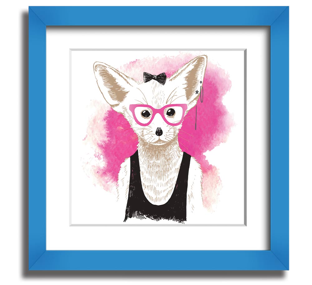 Arctic Fox Bow Pink Glasses square framed print, showcasing a whimsical design with pink hues and a bow, ready to hang.