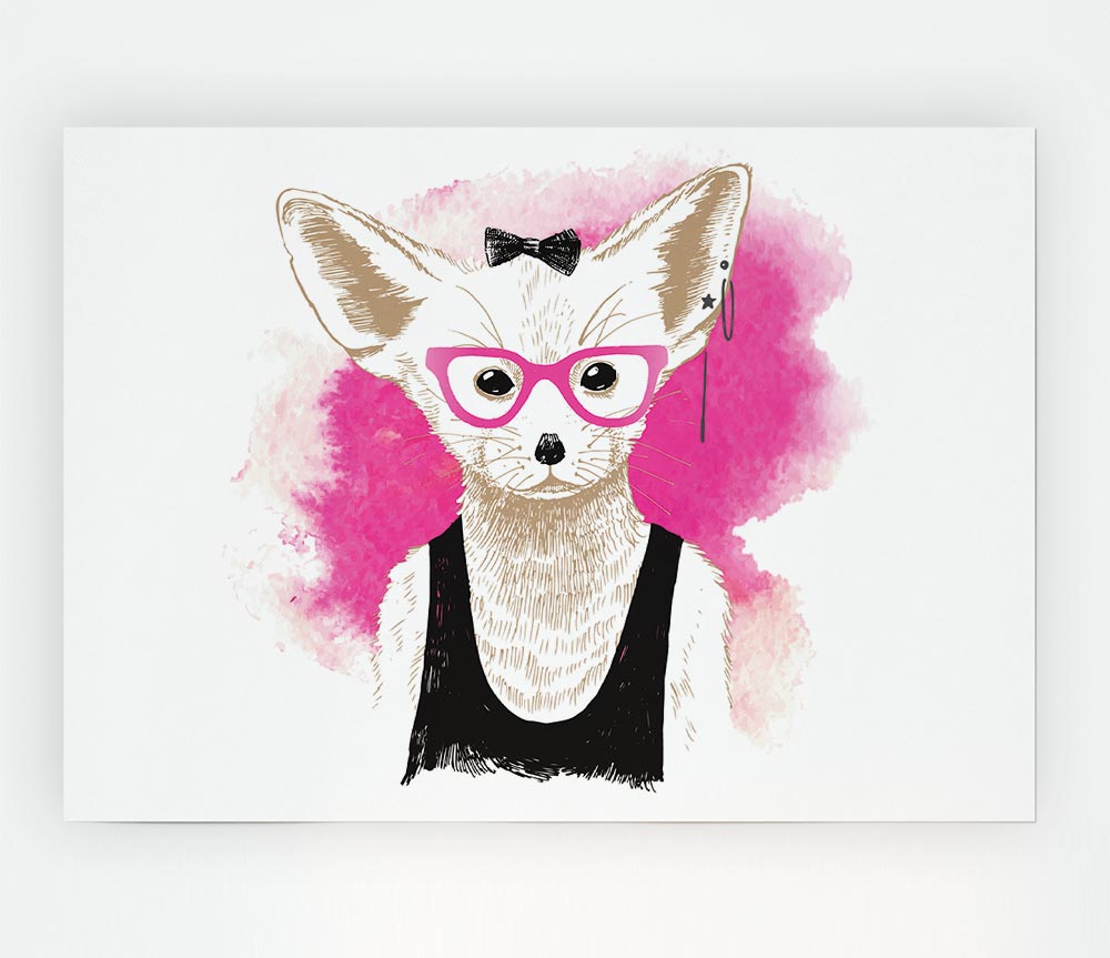 Arctic Fox Bow Pink Glasses poster on high-quality canvas, showcasing vibrant pink colors and playful design.