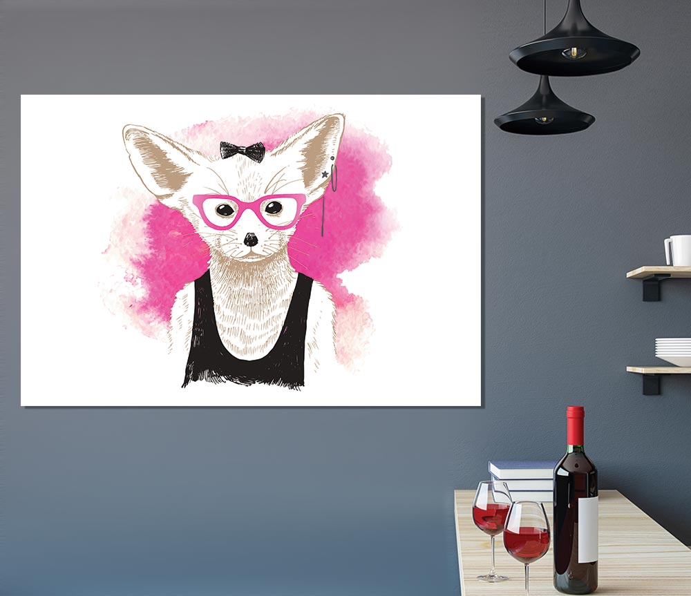 Arctic Fox Bow Pink Glasses poster on high-quality canvas, showcasing vibrant pink colors and playful design.