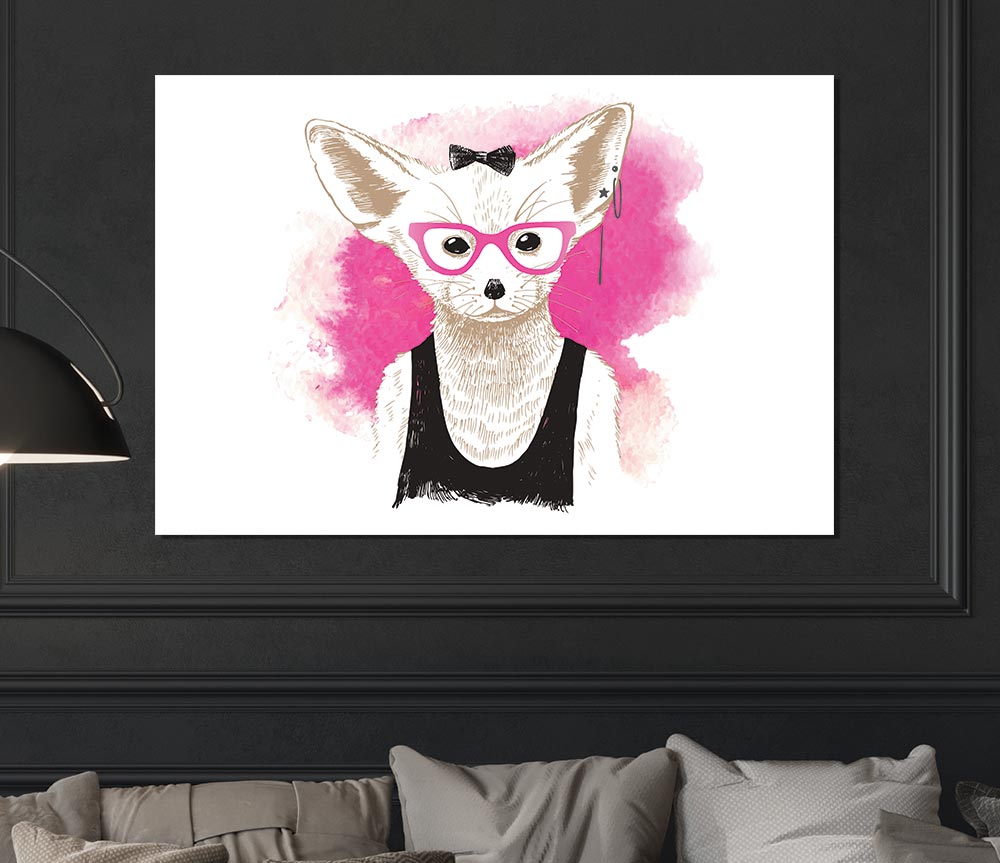 Arctic Fox Bow Pink Glasses poster on high-quality canvas, showcasing vibrant pink colors and playful design.