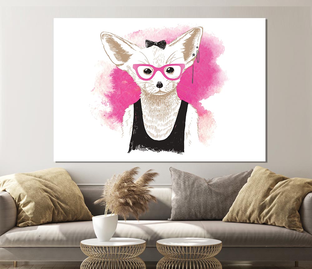 Arctic Fox Bow Pink Glasses poster on high-quality canvas, showcasing vibrant pink colors and playful design.