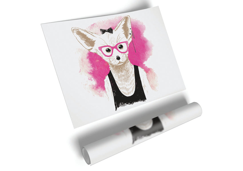 Arctic Fox Bow Pink Glasses poster on high-quality canvas, showcasing vibrant pink colors and playful design.