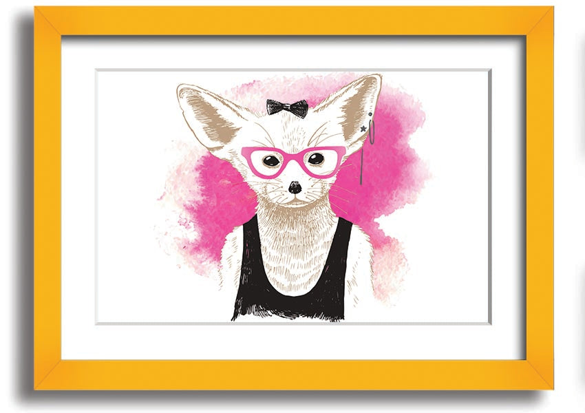 Framed print of an arctic fox wearing pink glasses, showcasing a whimsical design.