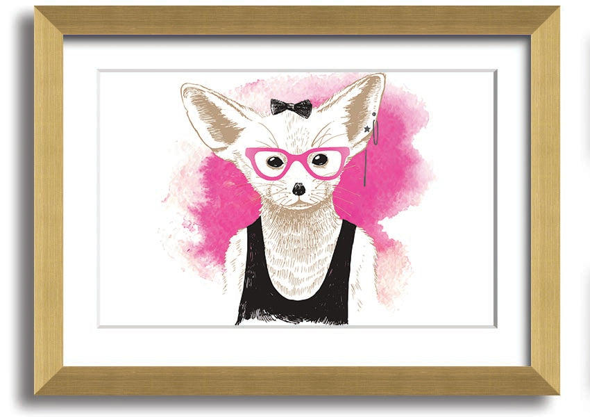 Framed print of an arctic fox wearing pink glasses, showcasing a whimsical design.