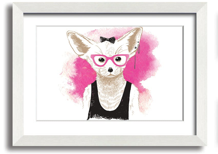 Framed print of an arctic fox wearing pink glasses, showcasing a whimsical design.