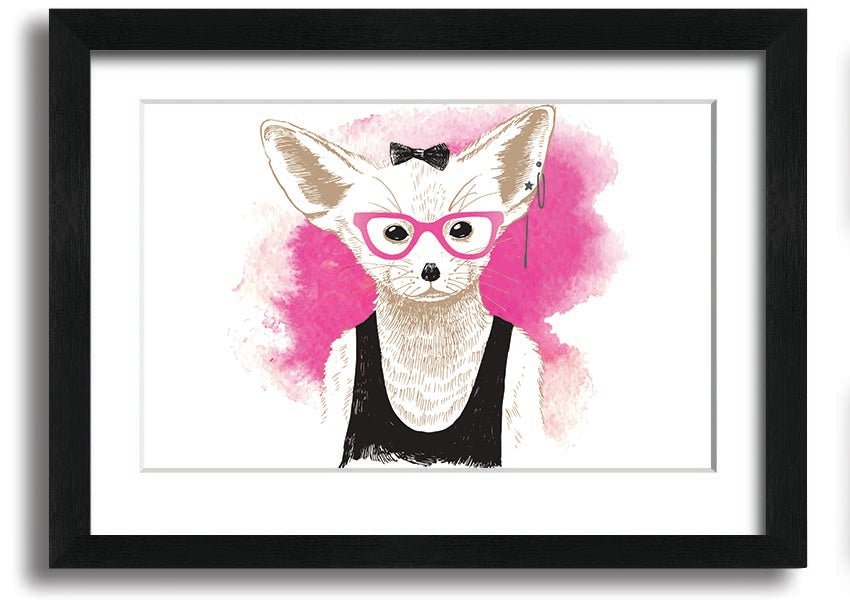 Framed print of an arctic fox wearing pink glasses, showcasing a whimsical design.