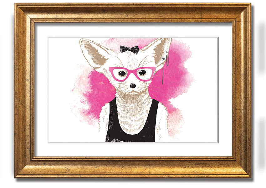 Framed print of an arctic fox wearing pink glasses, showcasing a whimsical design.